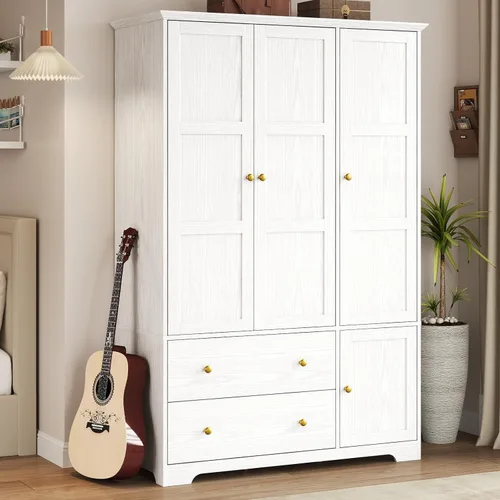 ONBRILL - Armario de madera con 3 puertas para recámara, con estante extraíble para pantalones, armario de gran capacidad con cajones y estantes,