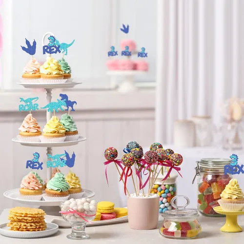 Miniatura 6 de Gyufise 24 piezas de adornos de dinosaurios con purpurina azul 3 Rex Roar Dinosaur Cupcake Picks Three Years Old Dino Theme Baby Shower 3er Birthday