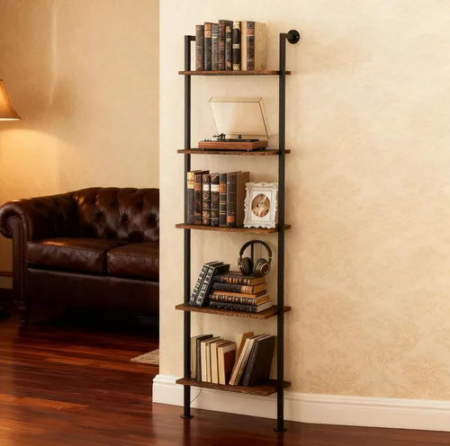 Miniatura 10 de Acovy Estantería de 5 niveles de madera maciza, estante estrecho para libros, estantería de madera, estante de escalera de montaje en pared, estante