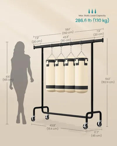 Miniatura 6 de SONGMICS Perchero con ruedas, estante de ropa resistente con varilla colgante extensible, capacidad de carga de 286.6 lb, 17.7 x (43.3-59.1) x 64.1