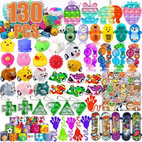 130 piezas de recuerdos de fiesta para niños, juguetes Pop Fidget, juguetes de caja del tesoro, premios de aula, relleno de piñata y bolsas de