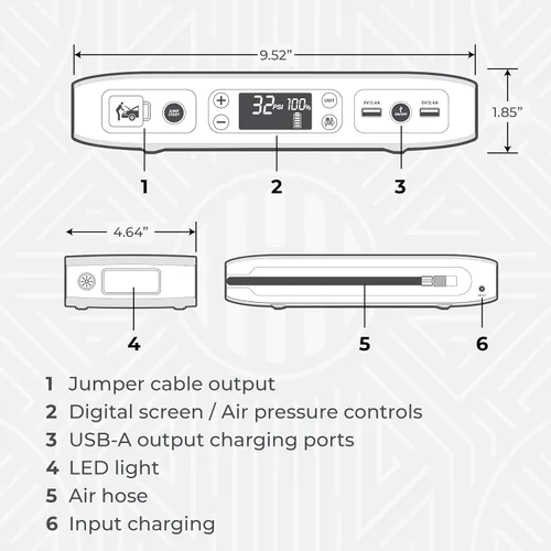 Miniatura 6 de HALO Bolt Air 58830 Arrancador de Batería Portátil para Automóvil Compresor de Aire de 100 PSI, Banco de Energía USB de 58.8Wh, Linterna