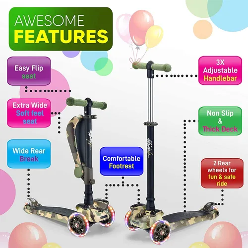 Miniatura 2 de Hurtle Patinete de 3 ruedas para niños, luces LED de ruedas, manubrio ajustable de inclinación para dirigir y asiento plegable, paseo sentado