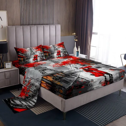 Sábanas de cama de la Torre Eiffel de París para decoración de dormitorio de París, juego de sábanas retro francesa Citysapce con pintura al óleo,