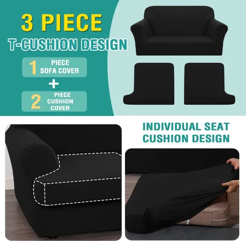 Miniatura 3 de Funda elástica para sofá con cojín en forma de T, 4 piezas, para sofá con cojín en T, funda de sofá suave, protector de muebles lavable con 3 fundas