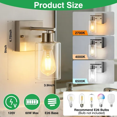 Miniatura 4 de 2 paquetes de apliques de pared para baño, luces de tocador de níquel cepillado, lámpara de pared moderna con pantalla de vidrio transparente