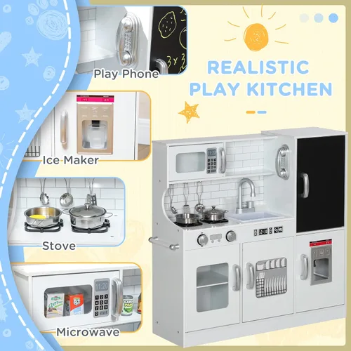 Miniatura 4 de Qaba Juego de Cocina de Juguete para Niños - Cocina de Simulación con Teléfono, Pizarra, Perchero de Toallas, Máquina de Hielo, 5 Accesorios