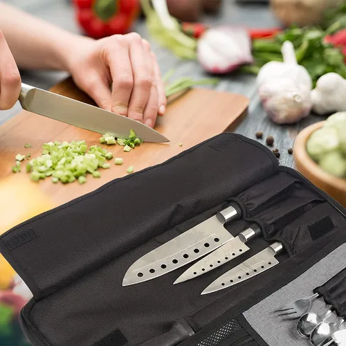 Miniatura 8 de Bolsa de rollo para cuchillos de chef, bolsa de cuchillo de chef Oxford resistente, estuche portátil para cuchillos de chef de 13 ranuras, Gris