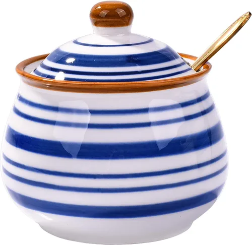 Miniatura 9 de Azucarero de cerámica con tapa y cuchara, recipiente de azúcar floral pintado a mano de 10.8 onzas para cocina, tarro de especias de porcelana HH