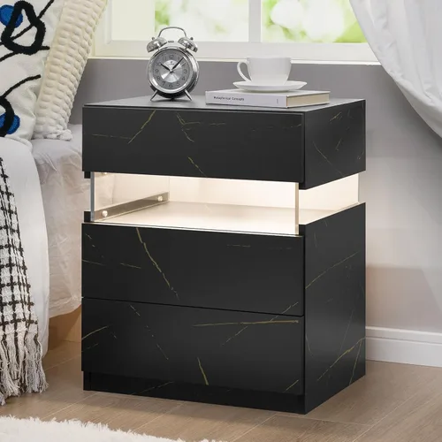 Miniatura 18 de Bingoday Moderna mesita de noche LED con 3 cajones, mesita de noche con luces LED ajustables, mesa auxiliar de almacenamiento grande para Blanco