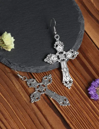 Miniatura 3 de Aretes de cruz gótica para mujer, aretes góticos negros, aretes góticos, aretes punk vintage, aretes colgantes de cruz de plata, joyería gótica