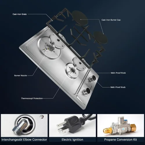 Miniatura 4 de Cocina de gas de 2 quemadores de propano - Estufa de gas de acero inoxidable de 12 pulgadas para combustible dual LPG/GN, quemador de gas portátil