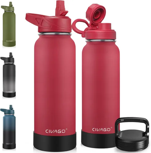 Miniatura 14 de CIVAGO Botella de agua aislada de 22 onzas con pajita, frasco de agua deportiva de acero inoxidable con 3 tapas