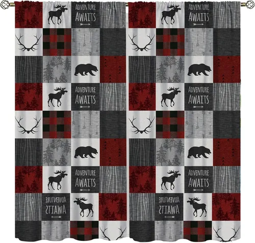 Miniatura 19 de Cortinas rústicas de alce y oso, tratamiento retro para ventana de cabaña de oso salvaje para dormitorio, cocina, cortinas de estilo rústico Retro