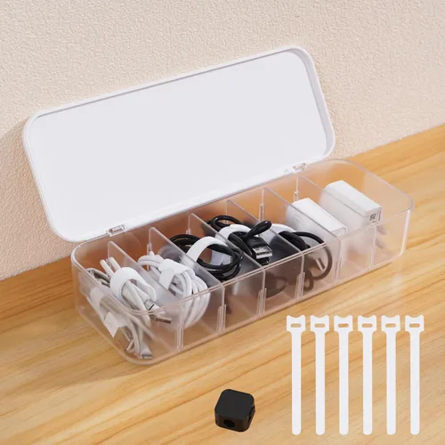Miniatura 7 de Caja organizadora de cables con 14 bridas de alambre y 6 clips magnéticos para cables, caja de gestión de cables de escritorio con divisores y tapa