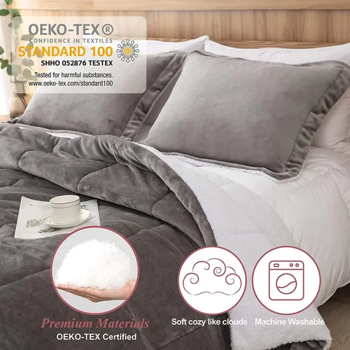 Miniatura 3 de Seward Park Juego de edredón Sherpa gris tamaño Twin XL, ropa de cama suave y cálida para todas las estaciones, manta de otoño de forro polar