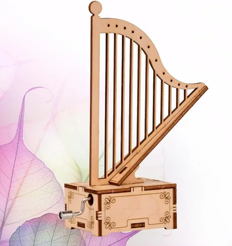 Miniatura 3 de ibasenice Caja de música con forma de arpa hecha a mano para niños, juguete musical de manivela montada de madera portátil, pequeña caja de música