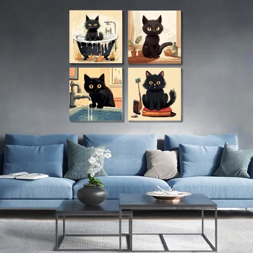 Miniatura 2 de Divertido kit de pintura por números de gato negro para adultos principiantes, paquete de 4 kits de pintura al óleo acrílica de gato negro