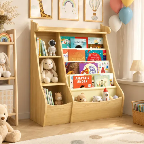 Miniatura 10 de FKWin Estantería infantil 2 en 1 y almacenamiento de juguetes de 5 niveles con carrito rodante, almacenamiento oculto para guardería, sala