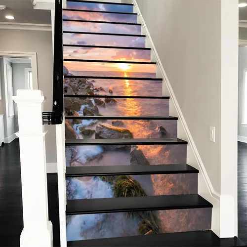 Miniatura 4 de artfanke 13 piezas de calcomanías de escalera 3D de amanecer en la costa del océano - Adhesivos para escaleras de pelar y pegar - Adhesivos