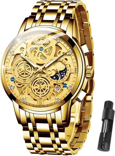 OLEVS Reloj de pulsera para hombre, esqueleto de acero inoxidable, cronógrafo de cuarzo de lujo, impermeable, relojes luminosos para hombre