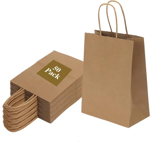 Joybe Paquete de 50 bolsas pequeñas de papel marrón de 5.95 x 3.25 x 8 pulgadas con asas a granel, bolsas de regalo de papel kraft para fiestas de