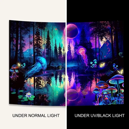 Miniatura 6 de Miytal Tapiz de medusas del bosque de fantasía, luz negra, colorido hongo, mariposa, para colgar en la pared, reflejo de luna reactiva a los rayos