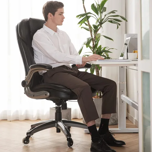 Miniatura 10 de Silla de oficina ejecutiva, silla ergonómica de escritorio para computadora, silla de cuero con respaldo alto con brazos abatibles acolchados, silla