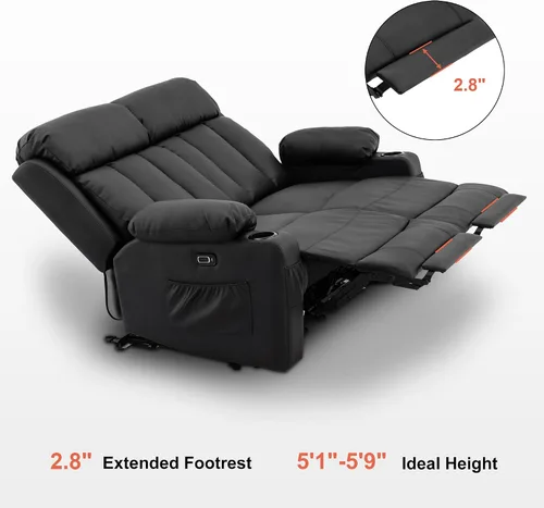 Miniatura 6 de MCombo Sofá de dos plazas reclinable eléctrico con calor y masaje, sofá reclinable para sala de estar, piel sintética 6075 (negro)