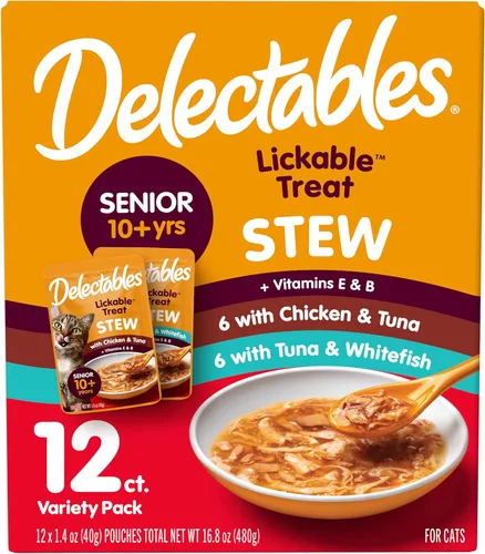 Delectables Lickable Treat Stew Senior 10+ - Golosina húmeda para gatos con pollo real, adorno para alimentos, hidratante, sin granos, sin rellenos,