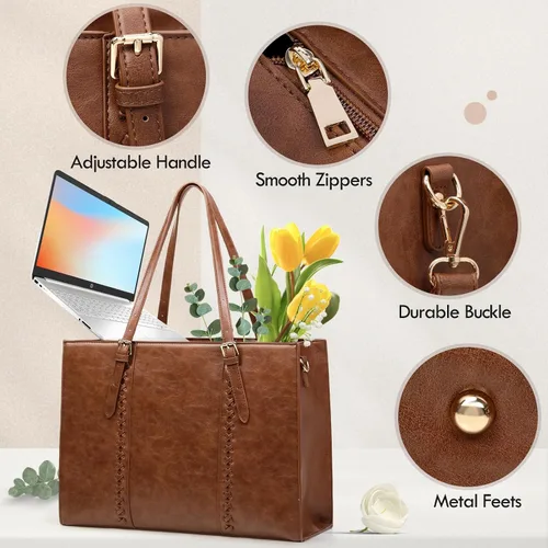 Miniatura 6 de RAINSMORE Bolsa para Laptop para Mujeres, Bolsa Tote para Laptop de 15.6 Pulgadas de Cuero PU Bolsa de Trabajo para Computadora Ligera Bolsos