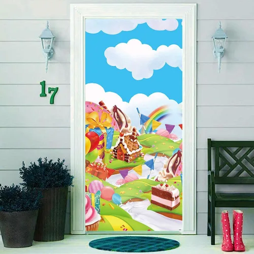 Bandera de color de dona arcoíris de Candyland Sweet Cartoon de 35.4 x 72.8 pulgadas, globo, galleta, helado, decoración de puerta de patio, baby