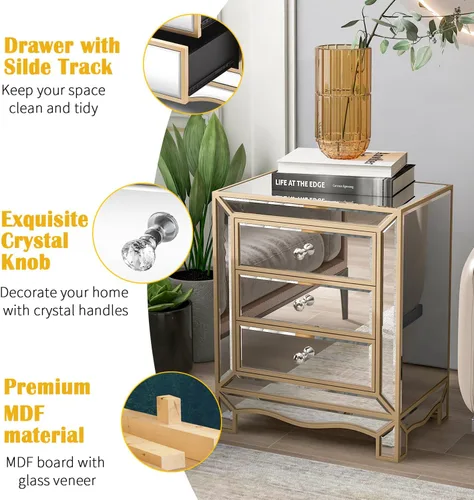 Miniatura 6 de Henf Elegante mesita de noche de espejo con borde dorado plateado con 3 cajones, mesa de acento de espejo con perilla de cristal, mesa auxiliar