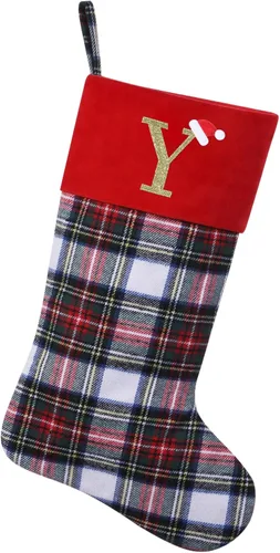 Miniatura 40 de Calcetines de Navidad personalizados con monograma inicial, adornos colgantes, medias clásicas de cuadros negros de 19 pulgadas, decoraciones