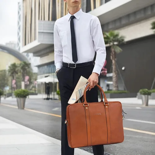 Miniatura 2 de Banuce Maletín de cuero italiano de grano completo para hombre, funda de 14 pulgadas, bolsa de trabajo para laptop, Beige, Maletín de cuero