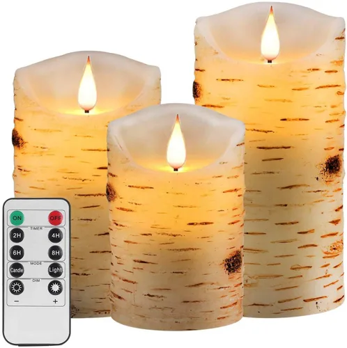 Miniatura 2 de Nancia Velas sin llama, efecto corteza de abedul, funciona con pilas, paquete de 2 velas LED de pilar de cera real con control remoto de 10 teclas