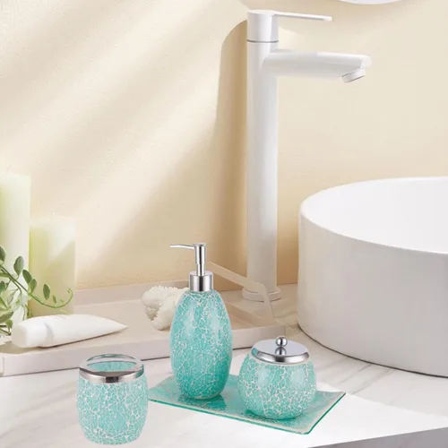 Miniatura 2 de Escenzy - Elegantes conjunto de accesorios de baño verde 4 piezas Lujoso dispensador de jabón de vidrio, soporte para cepillo de dientes, frasco