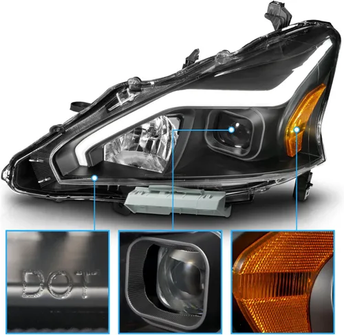 Miniatura 3 de AmeriLite Juego de faros delanteros cuadrados negros para Nissan Altima de 4 puertas sedán 2013-2015, lado del pasajero y del conductor