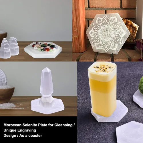 Miniatura 5 de AMOYSTONE 4 posavasos hexagonales pequeños de selenita marroquí y estación de carga de Reiki, placa de cristal plana/bandeja para equilibrio