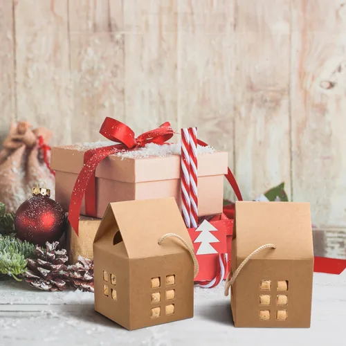 Miniatura 6 de Cajas de regalo en forma de casa, 10 bolsas de mano para dulces y galletas, papel kraft ecológico, perfecto para fiestas de vacaciones, bodas