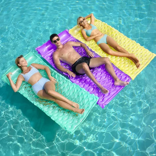 Miniatura 9 de Sloosh Paquete de 3 alfombrillas inflables para piscina, colchón flotador, con reposacabezas, flotador de piscina para adultos, 64 x 32 pulgadas