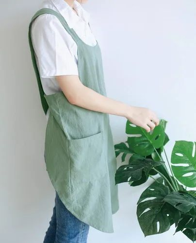 Miniatura 4 de NEWGEM - Delantales de cocina de lino japonés para mujeres y hombres, con tirantes cruzados y bolsillos, para repostería y cocina