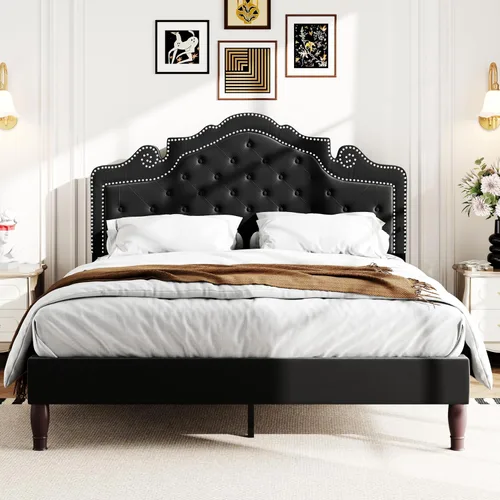 Miniatura 3 de WEEWAY Base de cama de plataforma de tamaño matrimonial con tiara ajustable de terciopelo, cabecero curvado y alta resistencia, botón tapizado