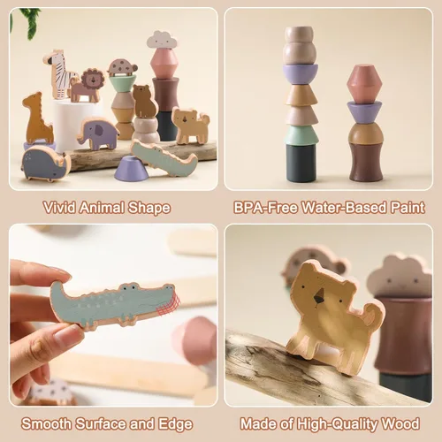Miniatura 7 de Juguetes de animales de madera con cuentas para enhebrar y abrochar para niños de 3, 4 y 5 años, bloques apilables y juguete de equilibrio, juguete