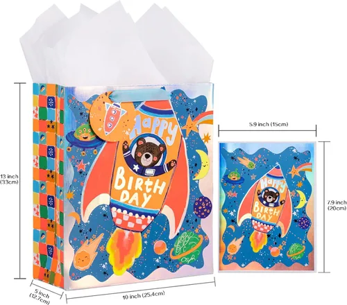 Miniatura 8 de LeZakaa Bolsa de regalo de cumpleaños de 13 pulgadas, bolsa de regalo mediana de papel de aluminio metálico con papel de seda, etiqueta de regalo