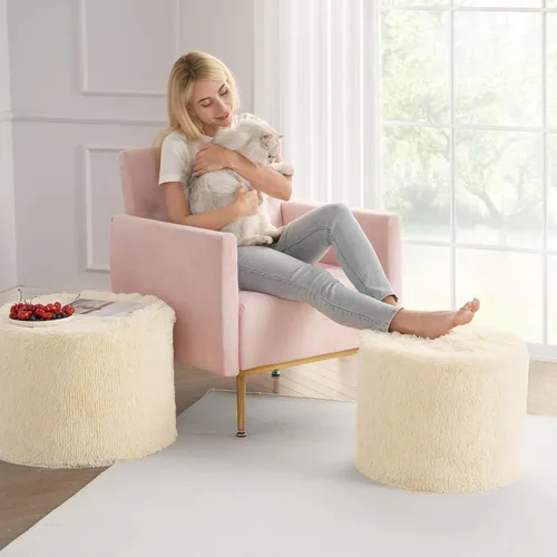 Miniatura 9 de Hansleep Puf otomano redondo de relleno de 17 x 14 pulgadas, reposapiés otomano de piel sintética relleno de espuma para silla con funda lavable