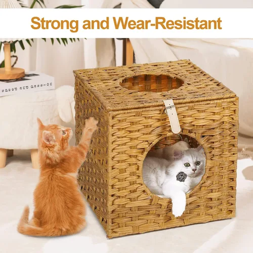 Miniatura 4 de Mewoo Ratten Cat House Condominio con ratán interactivo de bola colgante * 4 juguetes y cojín de algodón, cama cerrada de mimbre para gatos