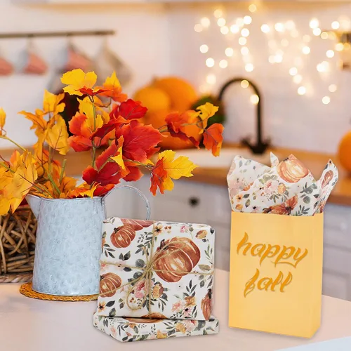 Miniatura 6 de Whaline 100 piezas de papel de seda de otoño con estampado floral de calabaza, papel de regalo de flores vintage para cosecha de otoño, Acción