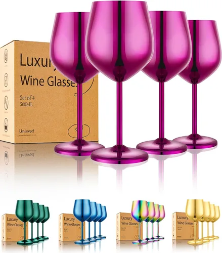 Miniatura 8 de UNISWEET Juego de 4 copas de vino de acero inoxidable irrompibles azules de 18 oz, copas de vino únicas de metal para exteriores, viajes, camping