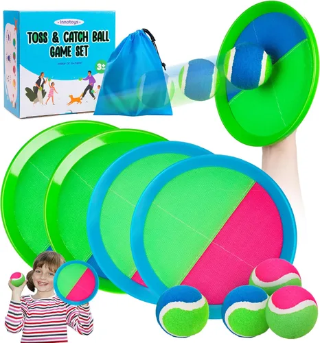 Miniatura 9 de Juego de pelota para lanzar y atrapar, 4 paletas y 4 bolas al aire libre, juego de captura de remo para niños, patio trasero, playa, piscina, patio